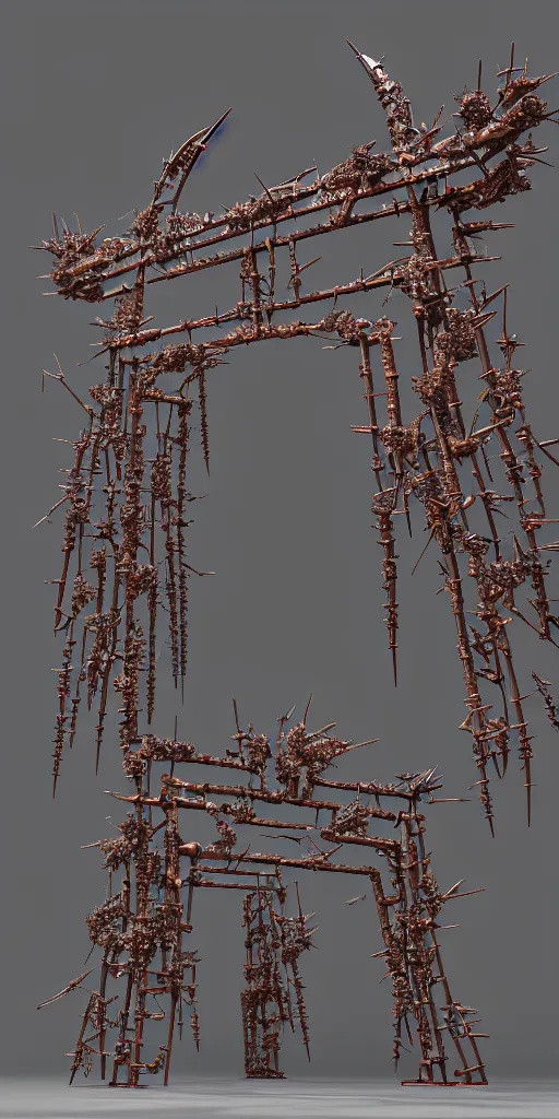 Prompt: 3 d photographic render of a deconstructed flower torii gate sculpture, chrometype, made of liquid metal, neotribal with thorns and thunders, cyberpunk japanese temple, raytraced, hyper realistic, volumetric lightning, 8 k, by zhelong xu, ouchh and and innate studio
