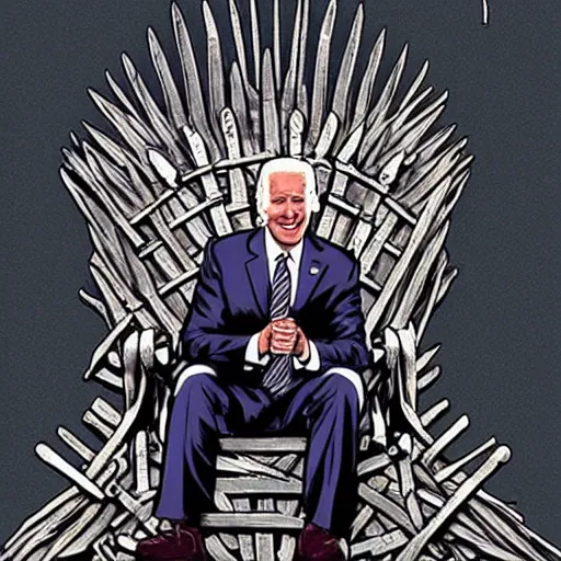 Image similar to joe biden sitting on top of a giant iron throne, a poster by matt bors, trending on reddit, sots art, official art, glorious, epic