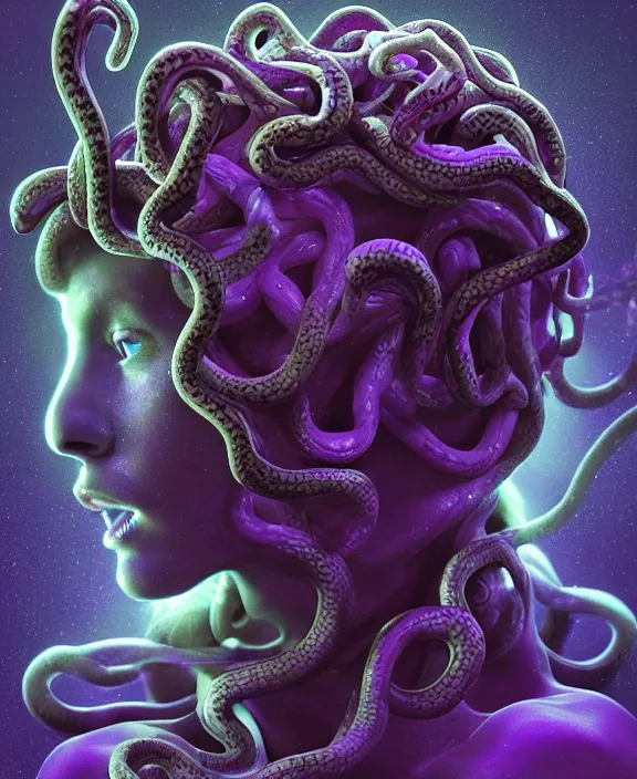 Prompt: beautiful medusa head highly detailed snakes, cosmic horror, abstract, ghostly, arcade, duotone, poltergeist, epic lighting, intricate, elegant, highly detailed, smooth, sharp focus, photo real, ultra realistic, unreal engine 5, raytracing, in the style of beeple and mike winkelmann, ultraviolet colors