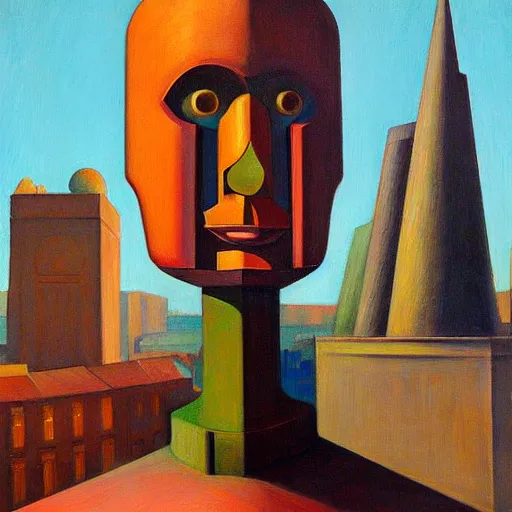 Image similar to brutalist giant sacred robot visage, portrait, cathedral, dystopian, pj crook, edward hopper, oil on canvas