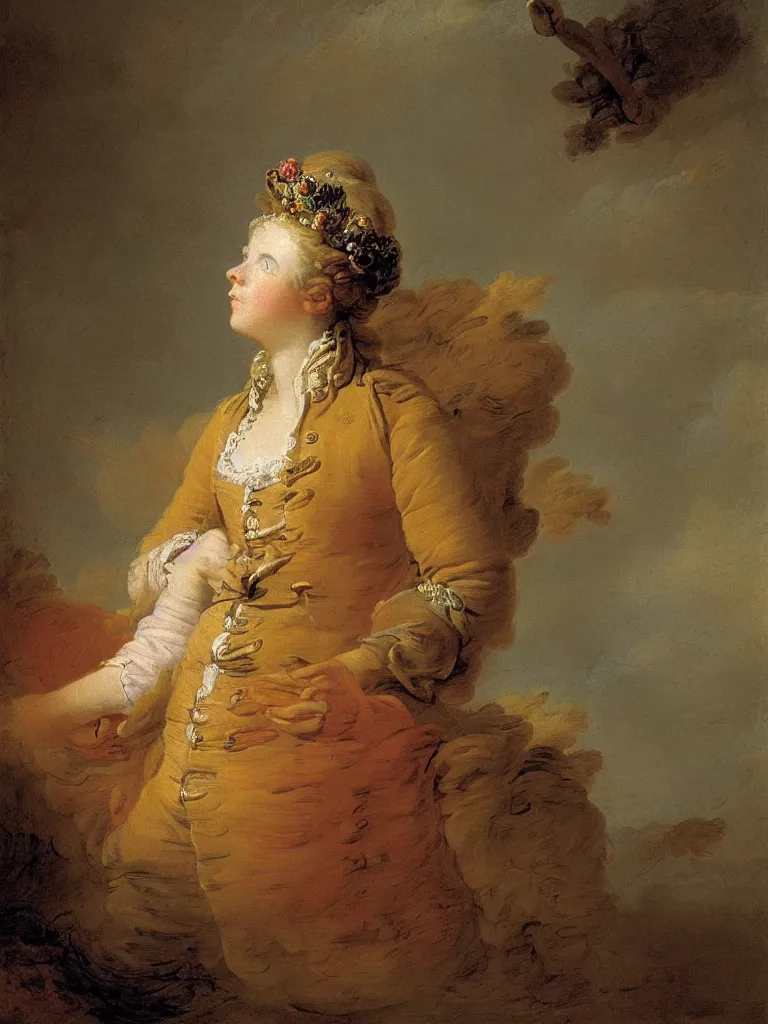 Image similar to portrait of a lonely female soldier floating in the air, wearing a crown, by jean honore fragonard