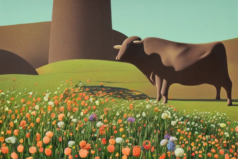 Prompt: giant retro - robot, cows, blooming hills with spring flowers and pillars by helen lundeberg