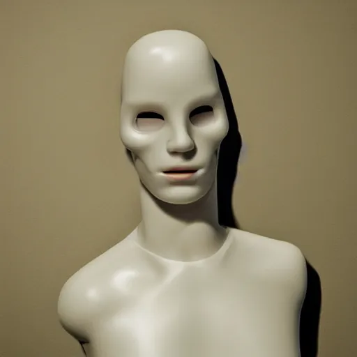 Image similar to A lightly-tanned!!!!! mannequin-esque figure with white-glowing!!!!! eyes, in a dark!!!!! room, staring!!!!! into the camera, creepy atmosphere, eerie art style, photorealistic!!!!! facial features, close-up!!!!!, macro image!!!!!, trending on artstation, 4k, 8k