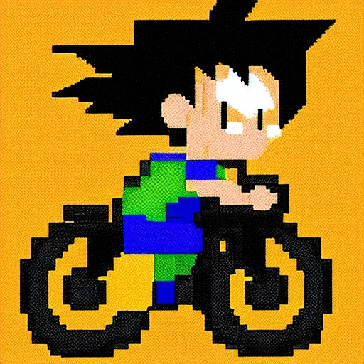 Image similar to pixel art of goku riding a bike