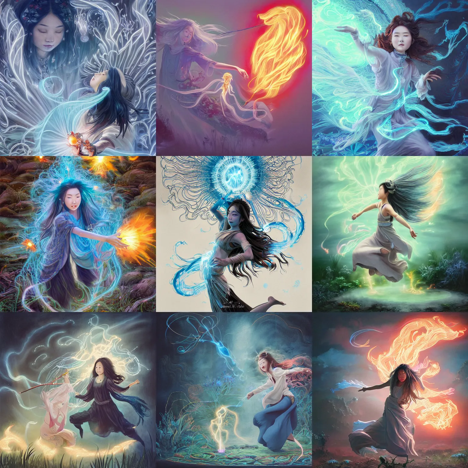 Prompt: breathtaking detailed concept art painting of smiling hapa sorceress wearing trousers chasing will-o-wisps casting a fireball in a garden, orthodox saint, by Hsiao-Ron Cheng, James jean, Miho Hirano, Hayao Miyazaki, extremely moody lighting, Black paper, cut paper texture, Full of light-blue and silver and white layers, 8K