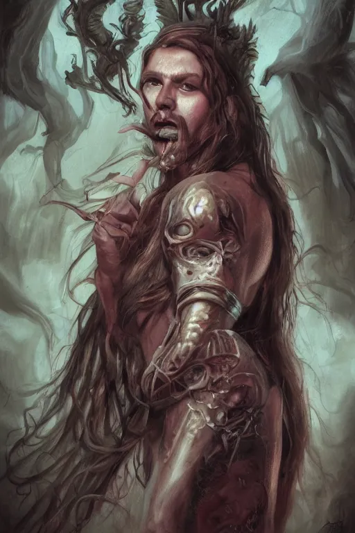 Image similar to a full body high detail fantasy portrait oil painting illustration of a necromancer by justin sweet with face and body clearly visible, flowing hair, high cheekbones, in a scenic background, pretty eyes, realistic proportions, d & d, rpg, forgotten realms, artstation trending, high quality, sombre mood, artstation trending, muted colours, entire person visible!