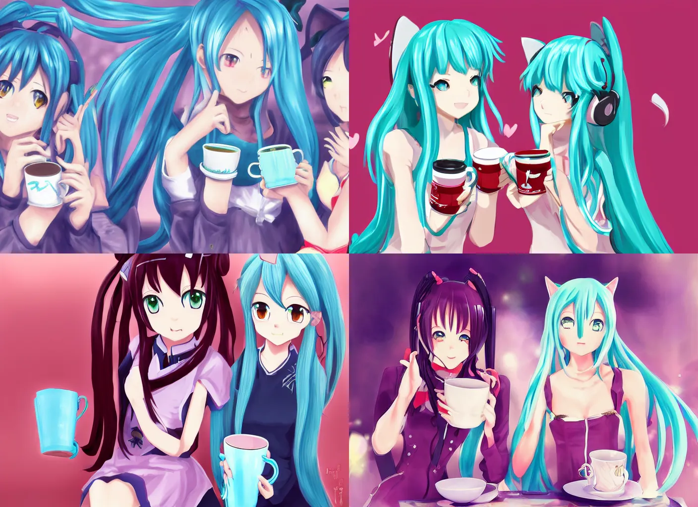 Prompt: A beautiful anime-style digital painting of a cat girl Hatsune Miku and anime girl Makise Kurisu drinking a cup of tea, by LeraPi, and Sakimichan, trending on ArtStation, deviantart, detaiked