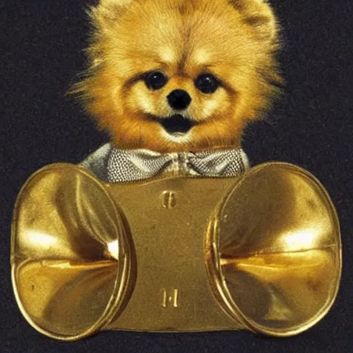 Image similar to A gold pomeranian wearing a top-hat and monocle, sitting on a pile of gold coins