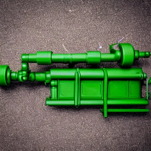 Image similar to a working rocket launcher that was 3 d printed using black and green filament. 8 5 mm lens, f 1. 8.