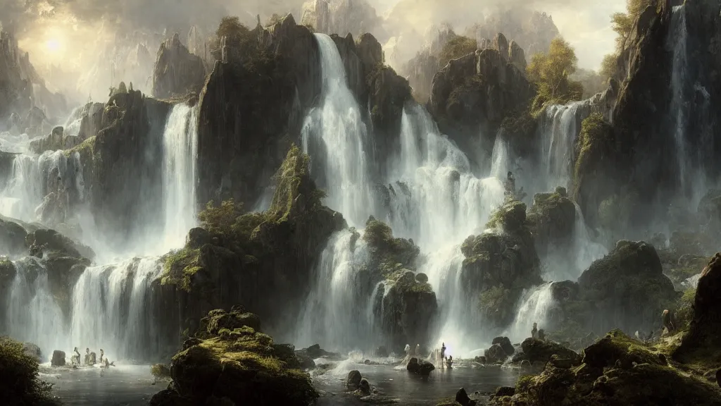Prompt: elven architecture above the great alpine waterfall. andreas achenbach, artgerm, mikko lagerstedt, zack snyder, tokujin yoshioka