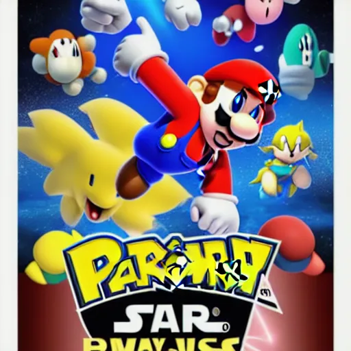 Image similar to super mario, kirby, sonic the hedgehog, super smash bros, star wars themed movie poster high detail accurate eyes and good gesture poses, pokemon anime cartoon style