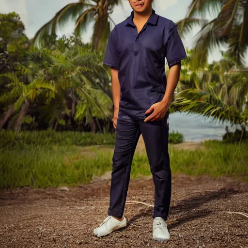 Prompt: a hawaiian filipino portuguese man with dark brown hair and brown eyes wearing a dark gray shirt and blue pants, photorealistic imagery, self - portrait, 4 k, 8 k