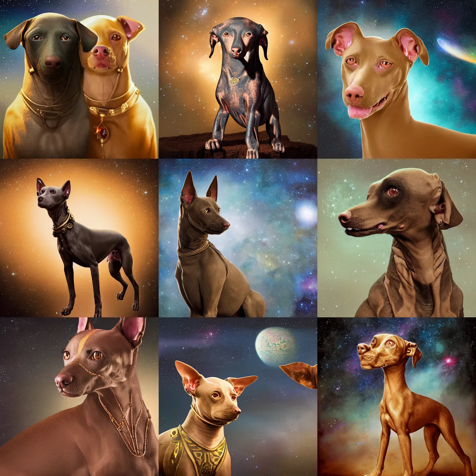 Prompt: a beautiful ultradetailed fine art photo of an ancient aztec hairless dog breed set against starry space, by tom bagshaw and anna dittman, portrait, soft backlighting, vignette, 5 0 mm lens, golden ratio composition, detailed faces, studio lighting, very detailed, industrial mechanical robot dogs, artstation, 8 k, highly coherent