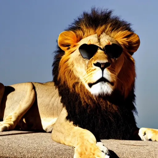 Prompt: a lion using sun glasses, award winning, tilted frame, dutch angle, skewed shot, a bird, a bird