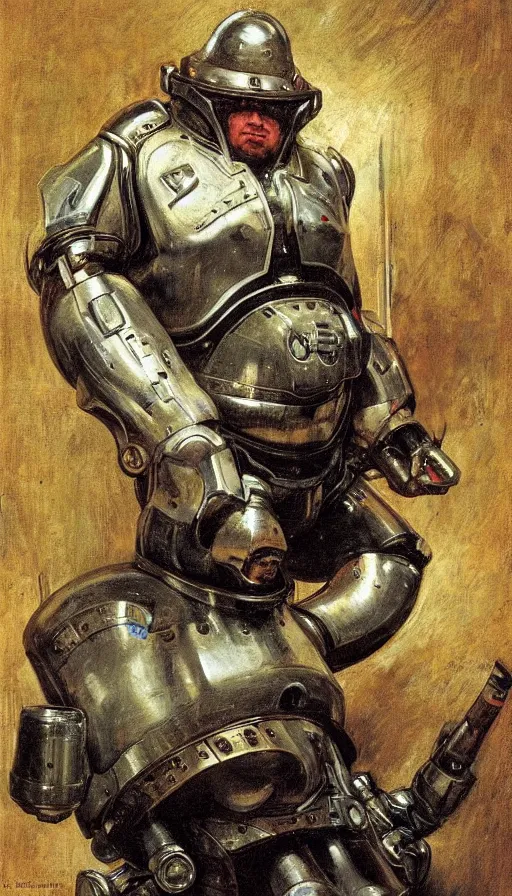 Prompt: upper body portrait of a fat armoured cyborg in an english country pub, by normal rockwell and greg staples and john singer sargent