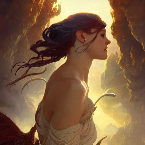 Prompt: mythical creatures, volcanos in the background, highly detailed, digital painting, artstation, concept art, sharp focus, illustration, art by artgerm and greg rutkowski and alphonse mucha,