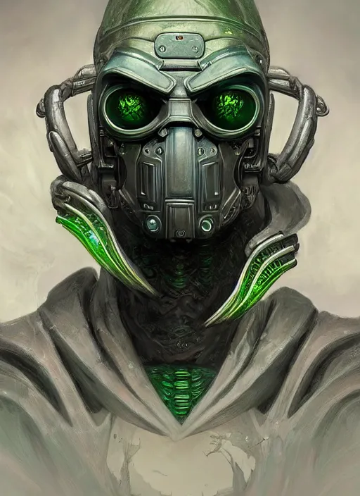 Image similar to cybernetic cyberpunk mf doom reptile green skin. intricate, elegant, highly detailed, centered, digital painting, artstation, concept art, smooth, sharp focus, illustration, artgerm, tomasz alen kopera, peter mohrbacher, donato giancola, joseph christian leyendecker, wlop, frank frazetta