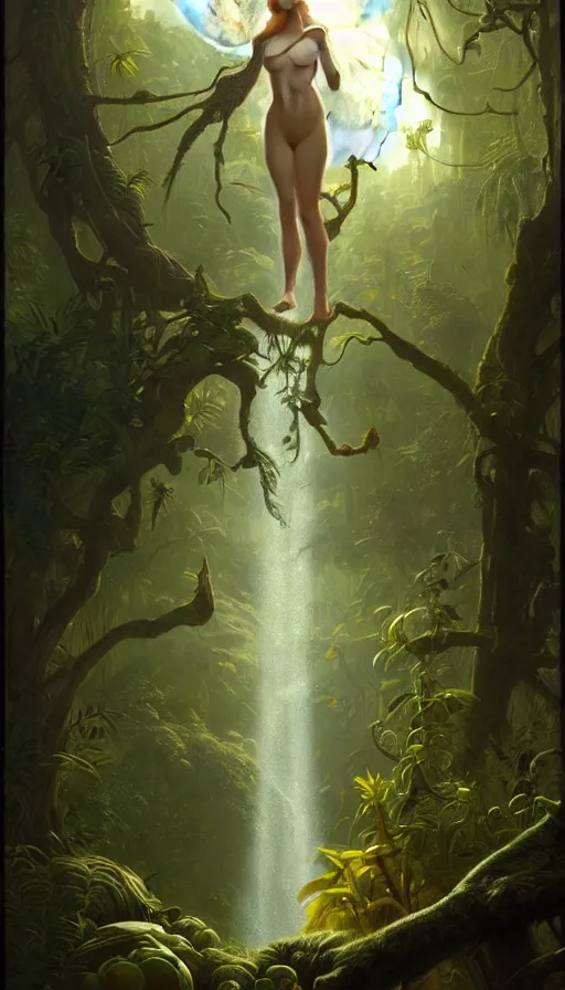 Image similar to hyper realistic alien, lush plants, full moon, light rays, gnarly trees by tom bagshaw, mucha, gaston bussiere, craig mullins, j. c. leyendecker 8 k