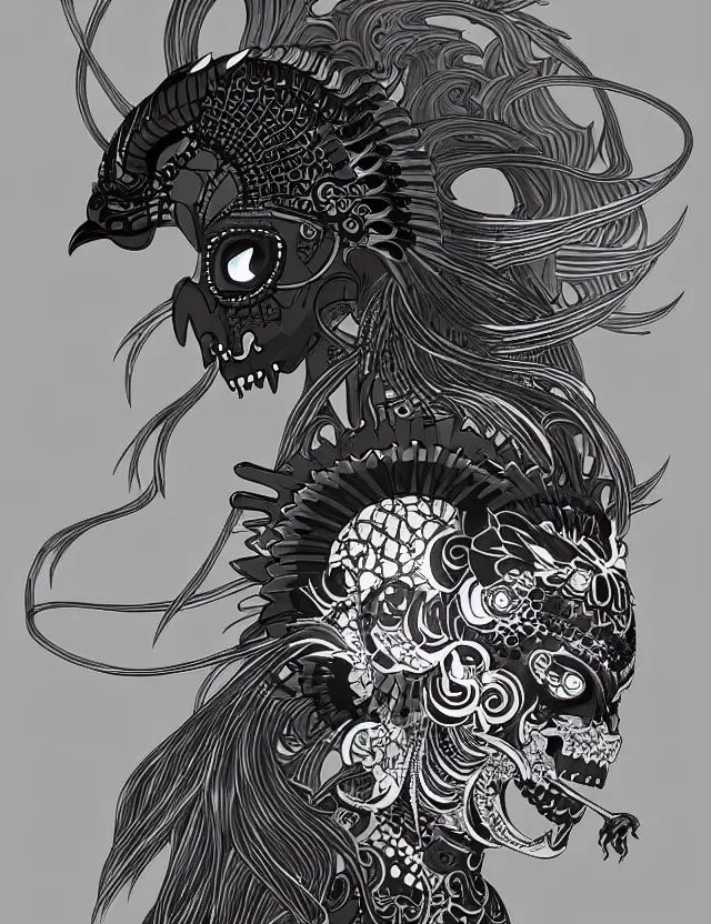 Image similar to 3 d goddess close - up profile simple portrait punk skull with mohawk with ram skull. beautiful intricately detailed japanese crow kitsune mask and clasical japanese kimono. betta fish, jellyfish phoenix, bio luminescent, plasma, ice, water, wind, creature, artwork by tooth wu and wlop and beeple and greg rutkowski