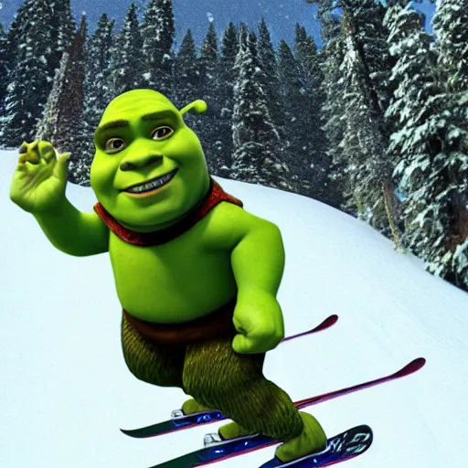 Image similar to shrek skiing, smiling, full body shot, cinematic lighting, studio quality