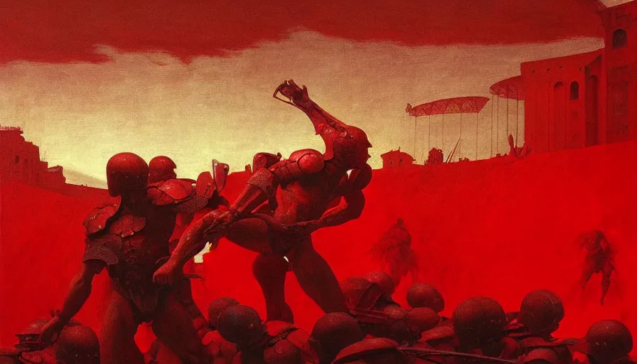 Prompt: only with red, a lightly armored gladiator in a crowded roman amphitheatre, crowd cheering, in the style of beksinski and edward hopper and rodcenko and yue minjun and artgerm, intricate and epic composition, red by caravaggio, highly detailed, masterpiece, red light, artstation, art nouveau