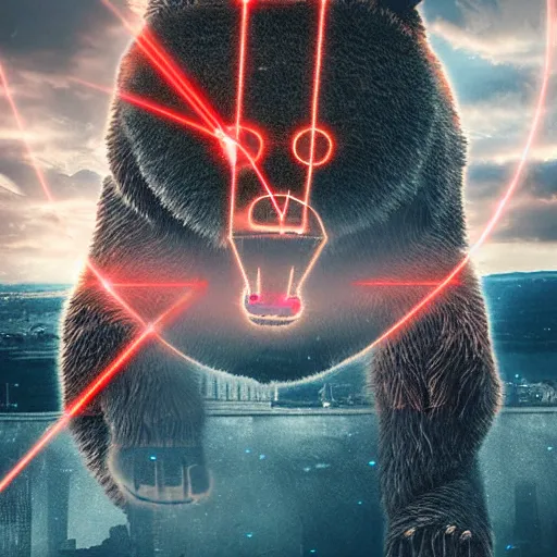 Prompt: a giant angry bear releasing laser by the hands attacking the city, photomanipulation, photoshop, digital art