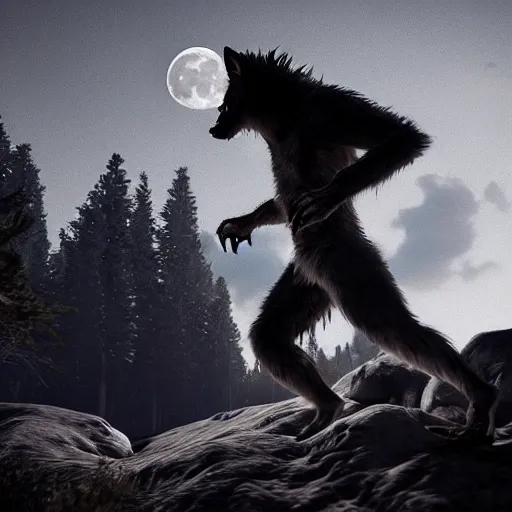 Image similar to young man transforming into a feral werewolf under the moon with black soft realistic fur, ultra detail, unreal engine, 8 k, ssao