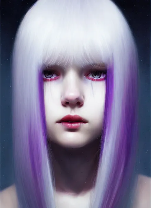 Image similar to hair whitebangs hair, black hair, whitebangs, portrait of teenage girl with white bangs, red irises, purple clothes, white bangs, bangs are different color from hair, intricate, elegant, glowing lights, highly detailed, digital painting, artstation, concept art, smooth, sharp focus, illustration, art by wlop, mars ravelo and greg rutkowski