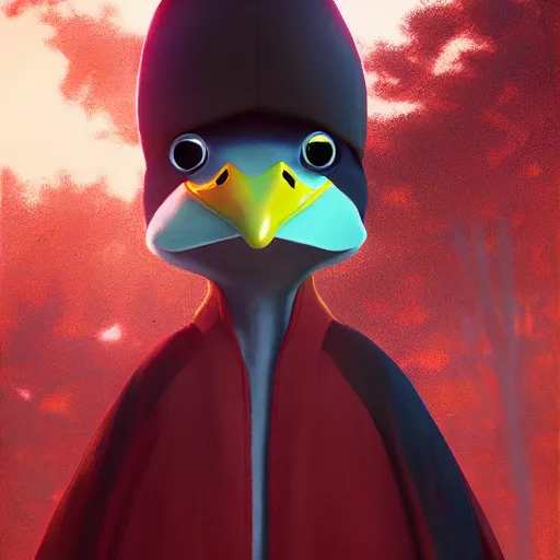 Prompt: a wholesome animation key shot of a black mallard, wearing red cultist robe, pixar and disney animation, sharp, rendered in unreal engine 5, anime key art by greg rutkowski, bloom, dramatic lighting