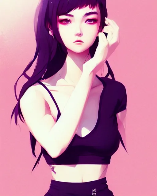 Image similar to a beautiful model in crop top, by guweiz and wlop and ilya kuvshinov and artgerm, symmetrical eyes, aesthetic, gorgeous, stunning, alluring, attractive, artstation, deviantart, pinterest, digital art