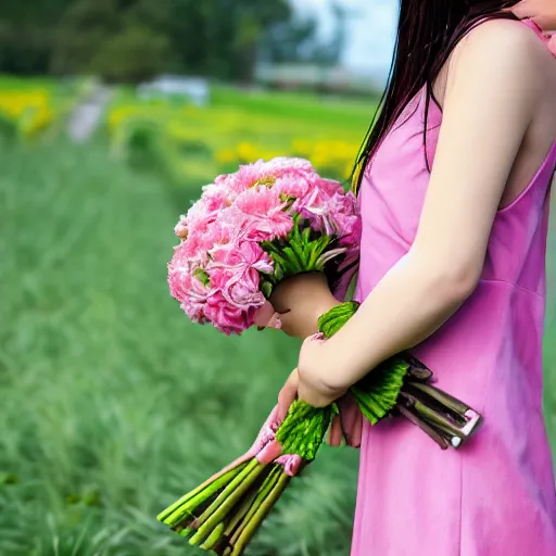 Image similar to anime girl holds a bouquet,