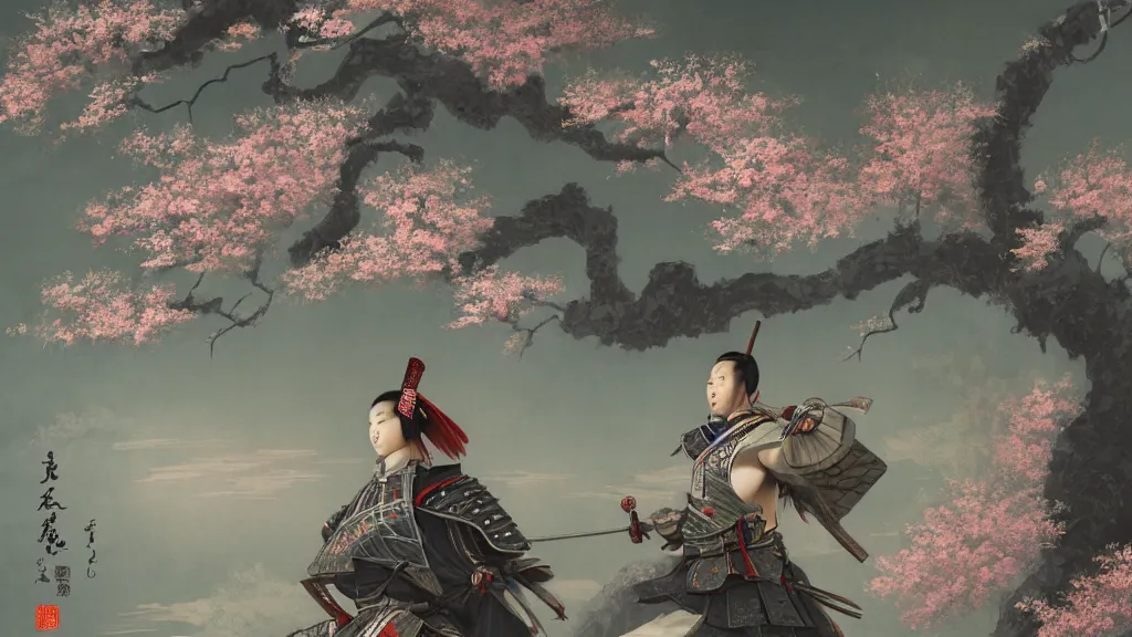 Image similar to beautiful japanese painting of an armoured samurai meditating under a blossom tree, realistic, digital painting, concept art, matte painting, cinematic night lighting, 8 k, highly detailed, detailed terrain