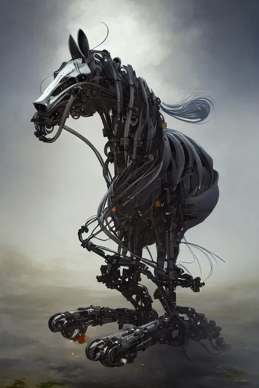 Image similar to 3 quarter view photography portrait of a biomechanical stalion horse illustrated by greg rutkowski and Akira Saito and Peter mohrbacher, boston dynamics, 4k,