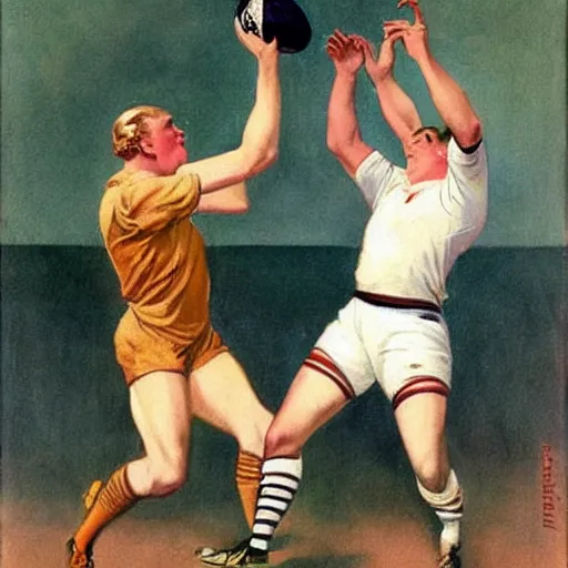 Prompt: 1920s a handsome blonde rugby player tackling a handsome brunette rugby player, rugby ball in the air, full color painting by J.C. Leyendecker