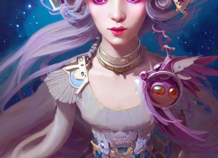 Image similar to close up picture of an maximalist dress magical girl, neat hair, slightly smiling, extremely beautiful and aesthetic and detailed cute face and eyes, wipe out evils with cute astronaut familiar sprites, aming the magics, magical beam, chiaroscuro, intricate, masterpiece, fantasy illustrations by peter mohrbacher and anato finnstark and jeremy lipking