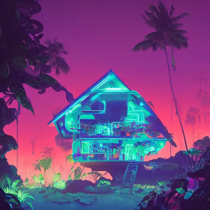 Image similar to a bioluminescent neon tropical cottage by paolo eleuteri serpieri and tomer hanuka and chesley bonestell and daniel merriam and tomokazu matsuyama, unreal engine, high resolution render, featured on artstation, octane, 8 k, highly intricate details, vivid colors, vector illustration