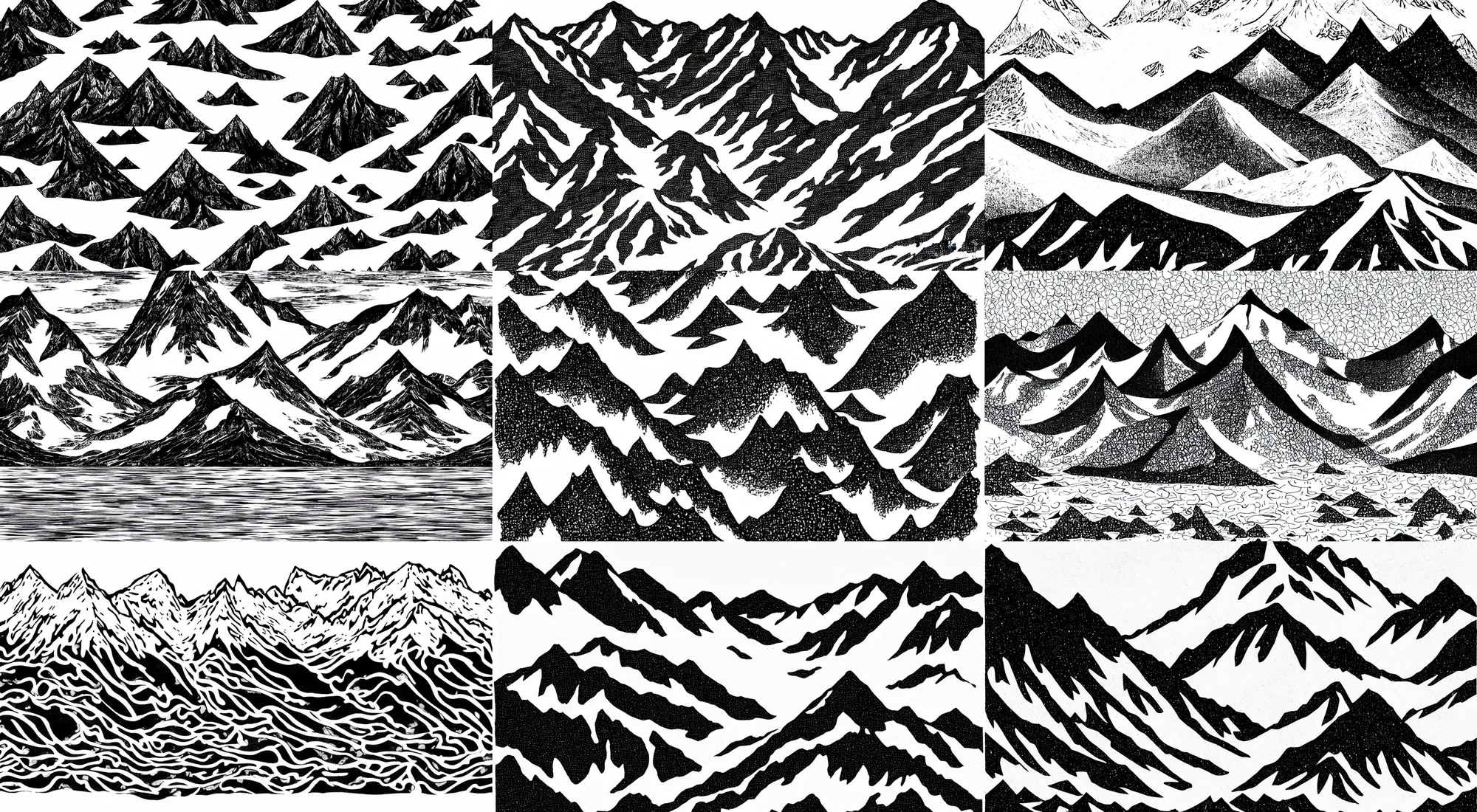 Prompt: a beautiful graphic art black white print on paper, mountain and lake