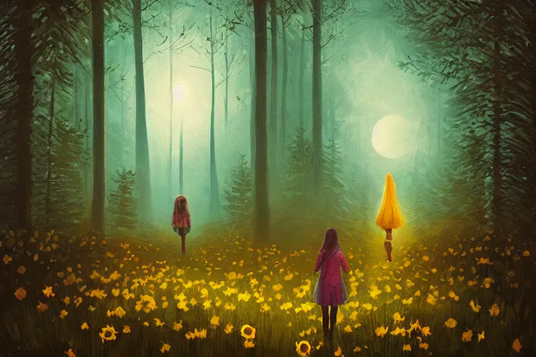 Image similar to giant sunflower head, girl walking in a moonlit forest, hills, surreal photography, dark night, star trails, dramatic light, impressionist painting, clouds, digital painting, artstation, simon stalenhag