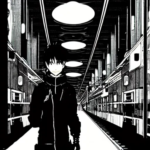 Image similar to a lonely night at the station, by Tsutomu Nihei, highly detailed