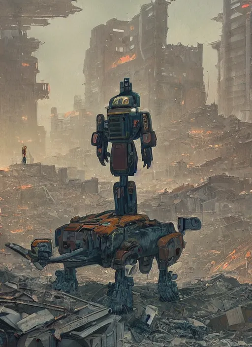 Image similar to A bipedal mech standing among the rubble of a destroyed city, artstation, mecha, military science fiction, digital painting, gritty, 4k, art by Simon Stålenhag