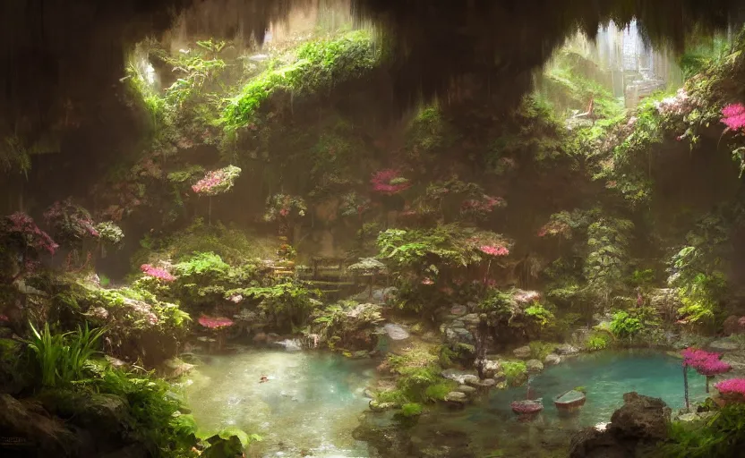 Image similar to painting of an interior of a hidden japanese hotspring in a small cave, fantasy, lush plants and flowers, natural light, concept art, by craig mullins, cozy atmospheric and cinematic lighting, trending on artstation