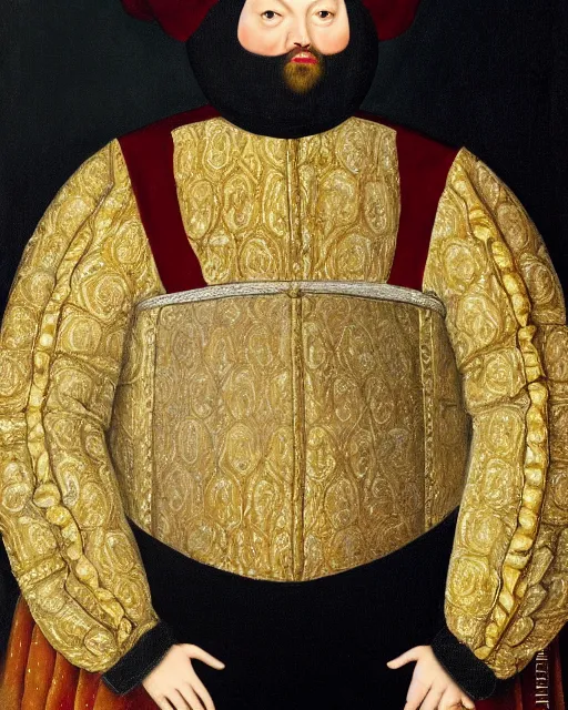 Image similar to fat gray cat with yellow eyes dressed like henry viii, tudor period clothing in scarlet gold and black, royal portrait, oil painting