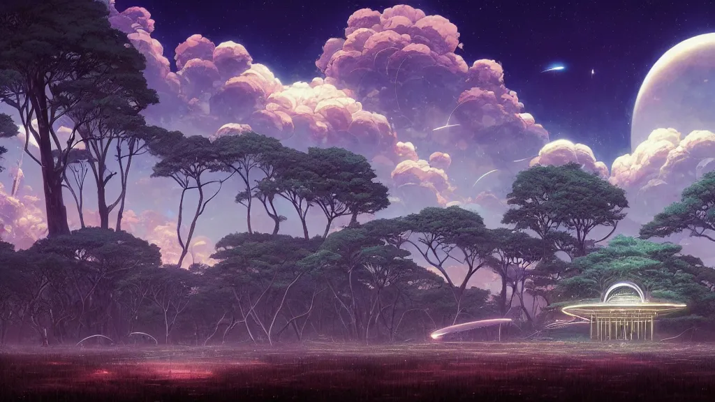 Prompt: a vast ancient forest with fireflies and futuristic white temple spaceship at night and lots of cummulonimbus clouds by makoto shinkai, moebius!, oliver vernon, joseph moncada, damon soule, manabu ikeda, kyle hotz, dan mumford, by kilian eng