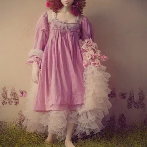 Image similar to 8 k, octane render, realism, tonalism, renaissance, rococo, baroque, cotton candy, portrait of a creepy young lady wearing long 1 9 7 0 s babydoll dress with flowers and skulls