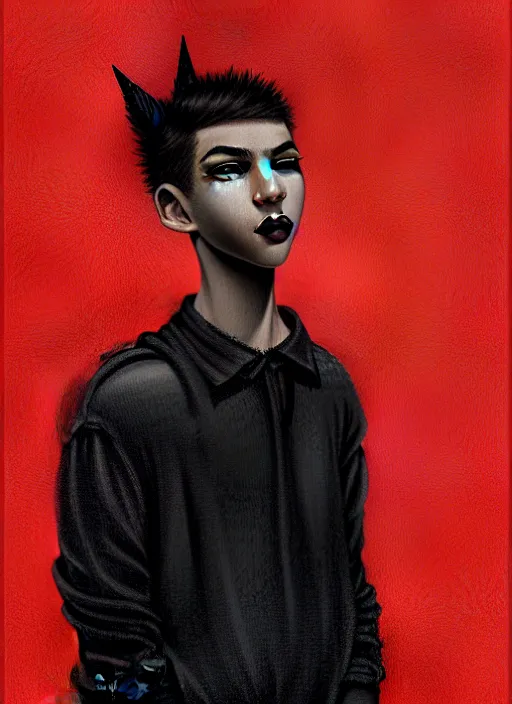 Image similar to portrait of a teen boy with a crooked nose and a confident expression, 1 9 6 0 s, black clothes, goth, punk, brightly coloured hair, funk, intricate, elegant, highly detailed, digital painting, artstation, concept art, smooth, sharp focus, illustration, art by wlop, mars ravelo and greg rutkowski