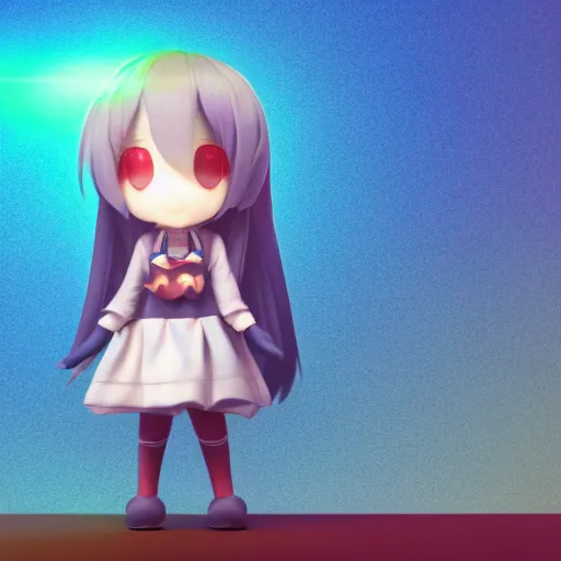 Image similar to cute fumo plush of a girl with a big heart, very long and unkempt hair, stylized pbr, subsurface scattering, outline glow lens flare, blob anime, bokeh, vray