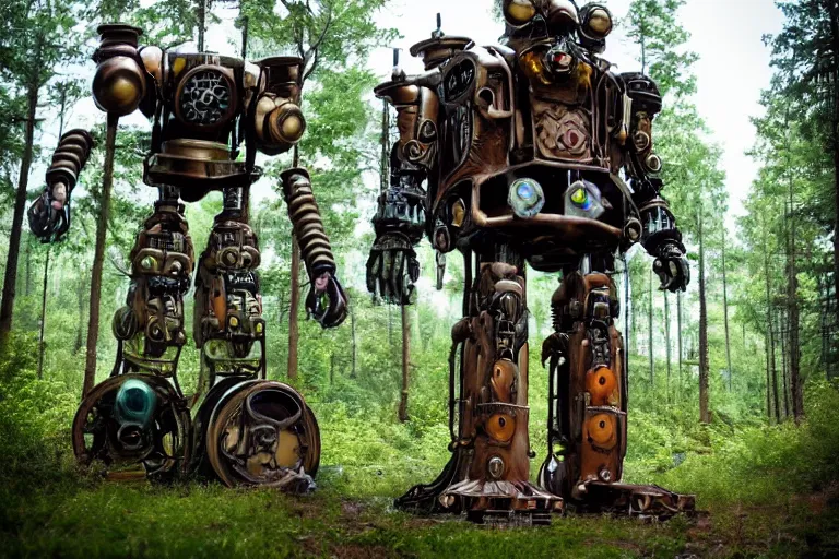 Image similar to steampunk colossal mech battlerobot standing a swedish forest very low angle photograph trending on artstation