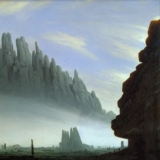 Image similar to village in the sky, sharp pointy mountains piercing through the clouds, wooden platforms, tents, colors, misty clouds, sun at dawn, brutalism, painting by caspar david friedrich