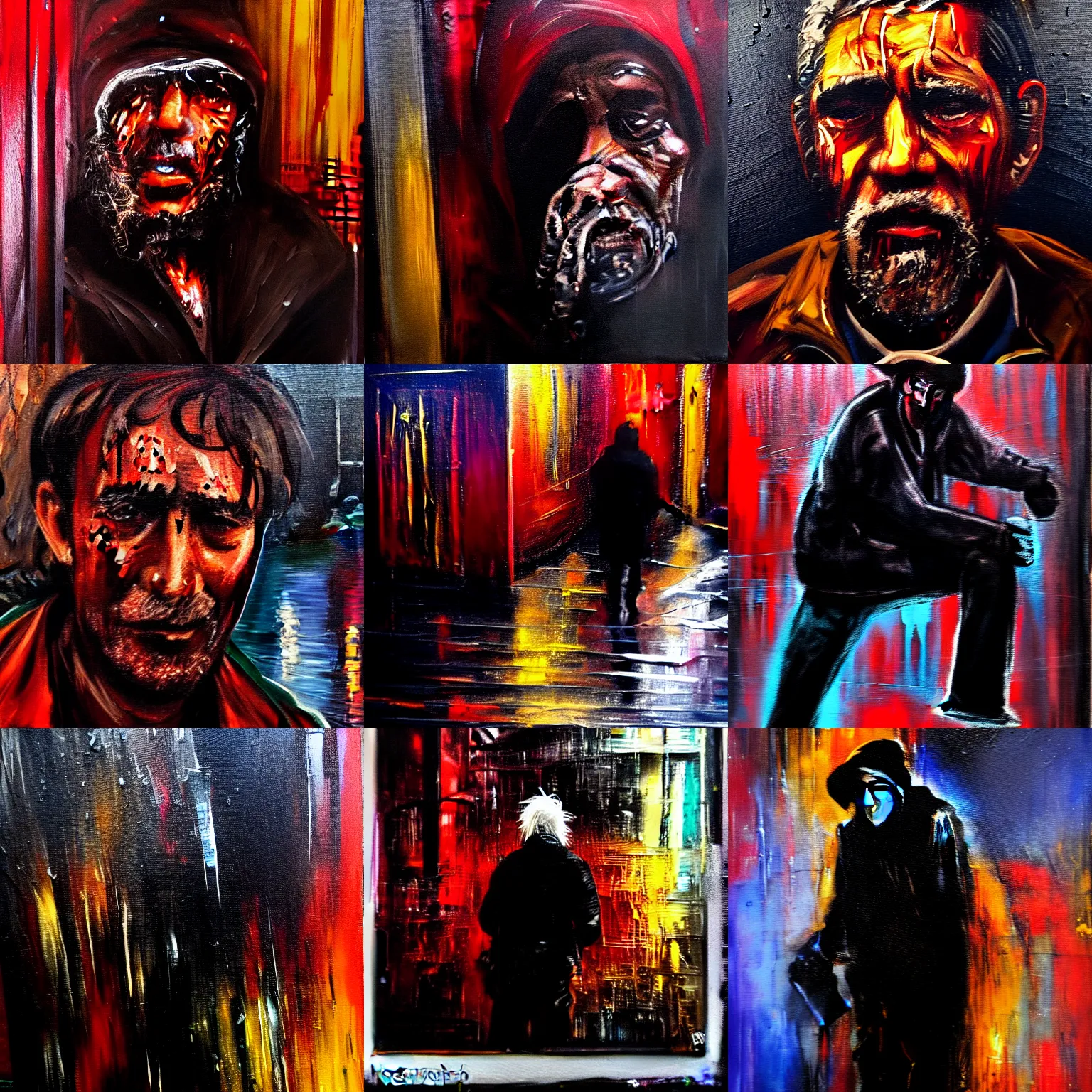 Prompt: old homeless man. new york after midnight, rain. epic futuristic scene. strong personalities and characters on the street. tired, beaten city. neo noir style, rain, oil, blood everywhere, dramatic high contrast lighting. high action! acrylic painting, layered impasto, heavy gesture style. closeup.