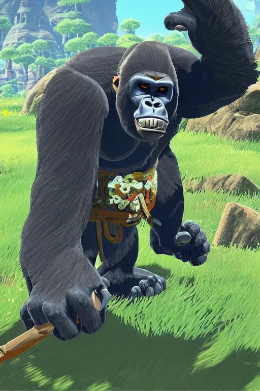 Image similar to an in game footage of a gorilla from the legend of zelda breath of the wild, breath of the wild art style.